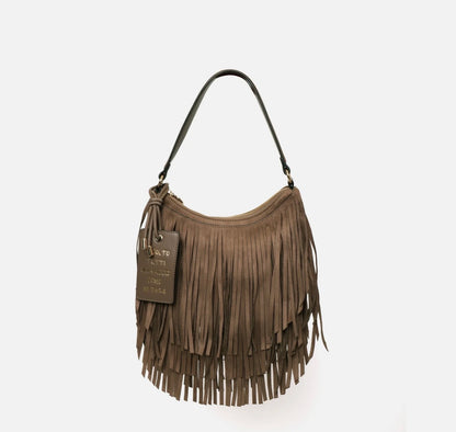Arizona suede shoulder bag with taupe fringes